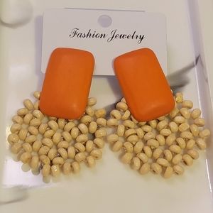 Orange White Wood Beaded Drop Earrings